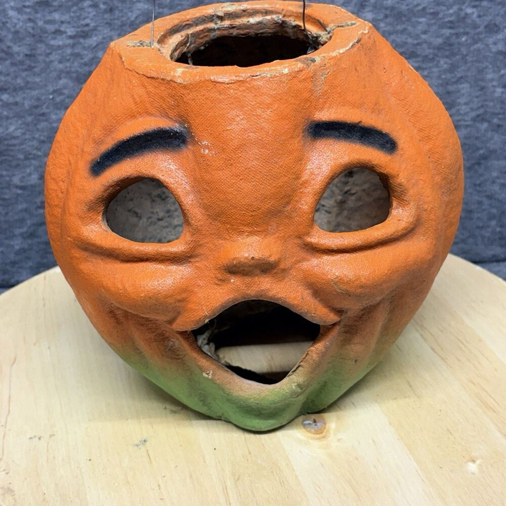 Vintage HALLOWEEN c1940  Jack O'Lantern CANDY BUCKET Paper Papier Mache  7.5”